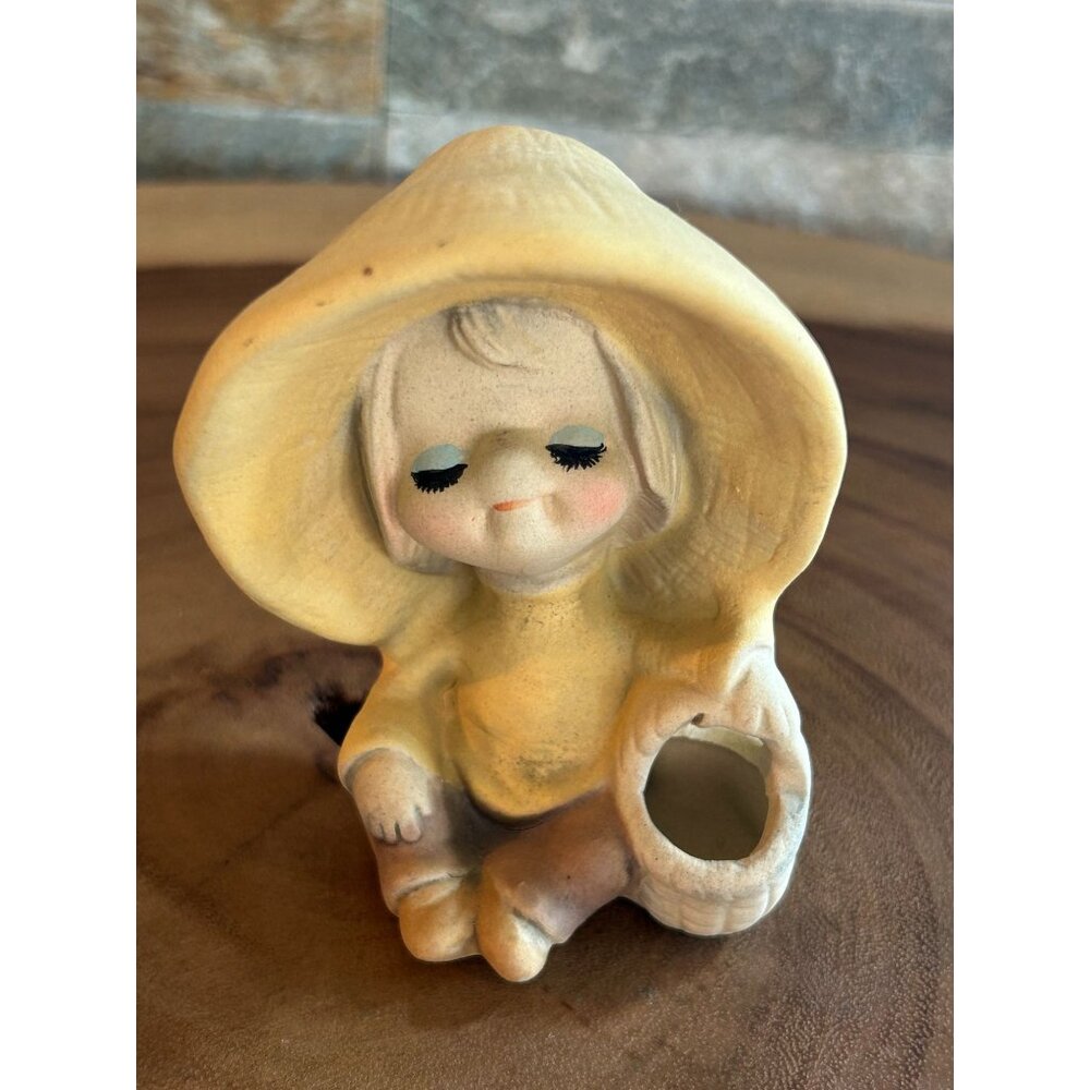 Vintage UCTCI Stoneware Girl With Umbrella Hat & Basket Figurine Handcrafted Dec